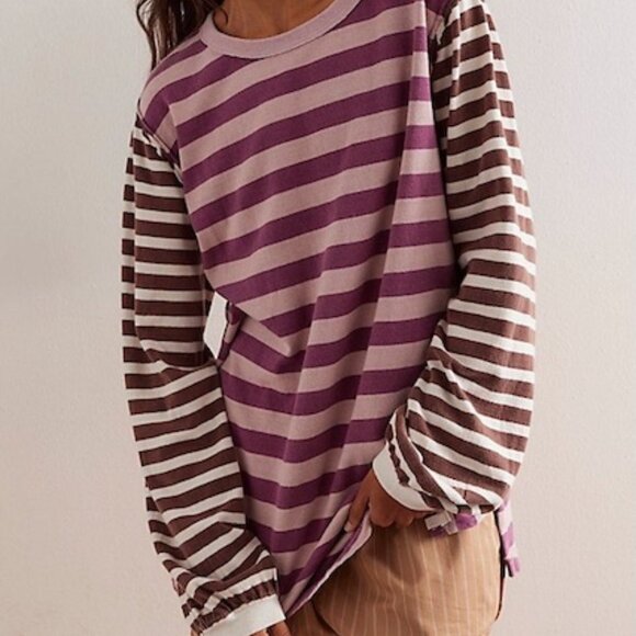 Free People We The Free Sawyer Stripe Tee Tunic Top Printed Pullover XL - Picture 1 of 3